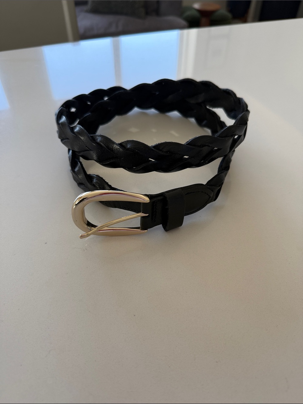 43” Braided Black Leather Belt with Gold Buckle.  Adjust to waist, hips